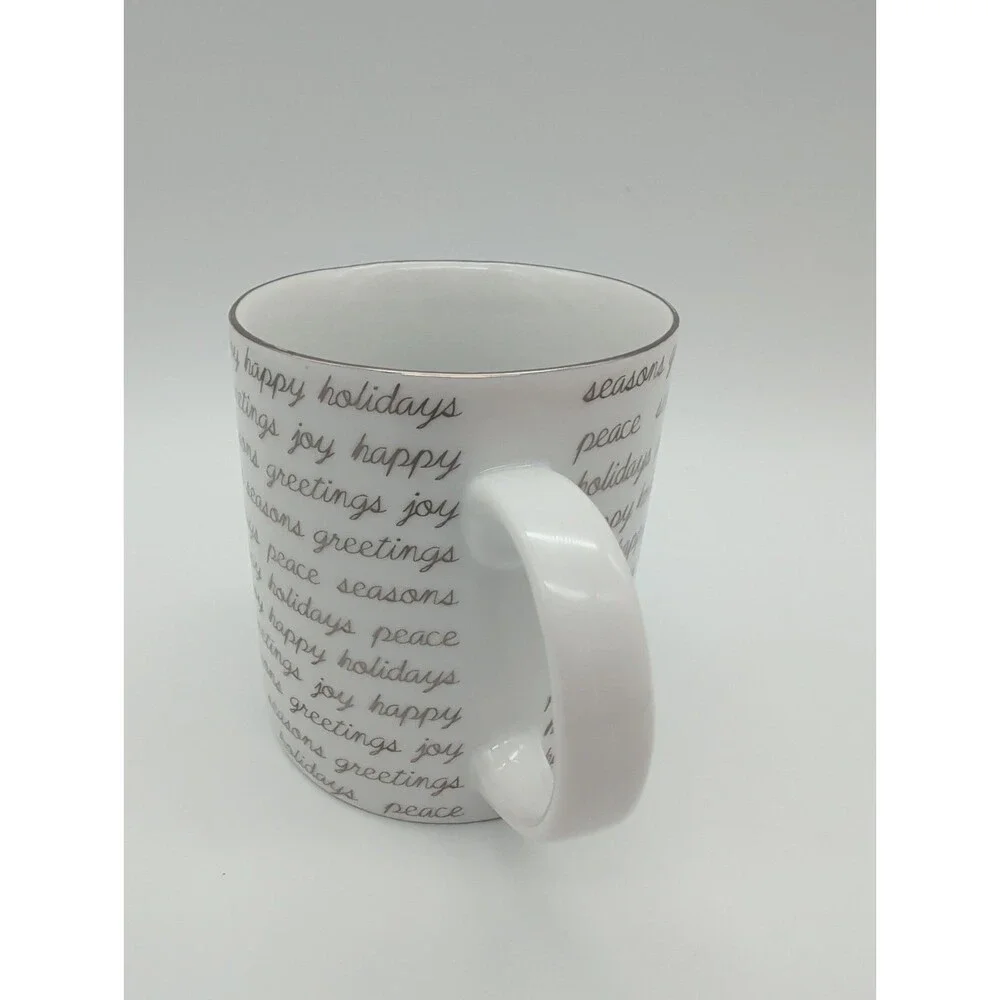 Crate& Barrel Script Mug 8 Oz Holiday Christmas Seasons Greetings Joy Peace